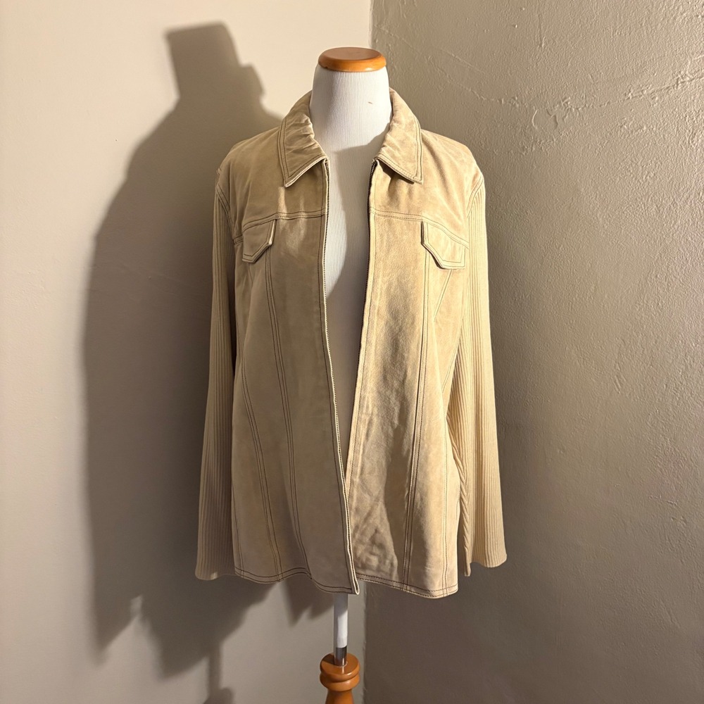 Coldwater Creek NWT Tan Leather Suede Ribbed Knit Sleeve Zip Jacket Womens 20